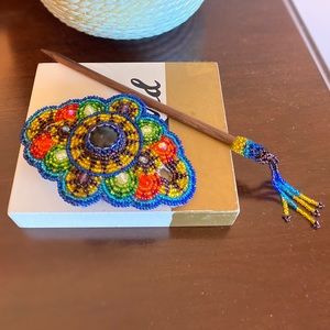 BEAUTIFUL Beaded Hair Barrette with Wood Stick